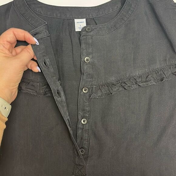 Old Navy Rustic Faded Black Ruffled Pullover Button Crew Neck Shirt Dress-Large - Picture 13 of 16